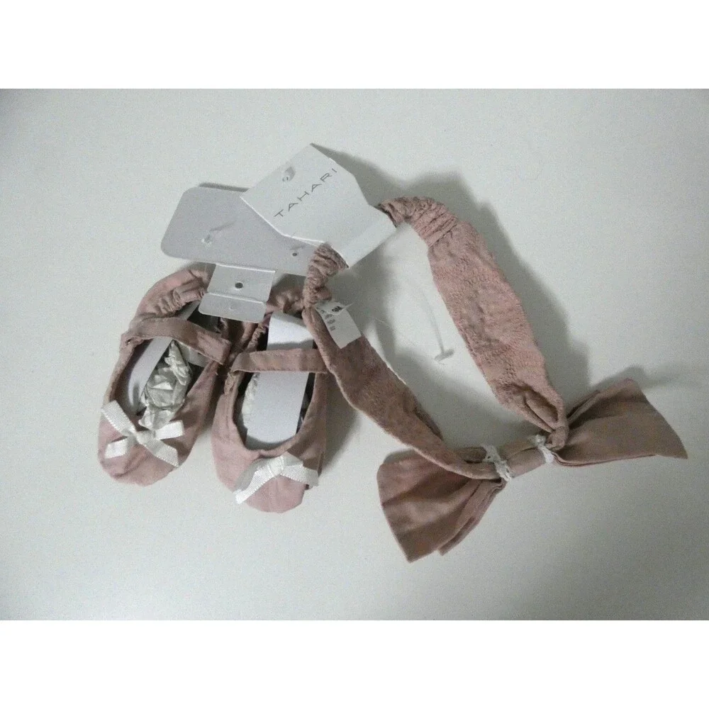 Tahari Baby New 9 Months Pink Bow Headband & Ballet Slipper Sock Ballet Flat Set